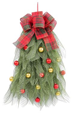 Christmas Wreath for Front Door, Tree Shape Garland with Bow Balls Hanging Decor for Home Holiday Party (Green2, 58cm)