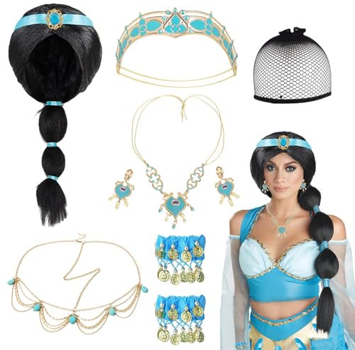 Shinybox Prinzessin Kostüm Damen Mädchen, 7 Stück Prinzessin Jasmin Perücken mit Halskette Krone Ohrringe Armband Goldene Kopfketten Haarnetze, Mädchen Prinzessin Jasmin für Cosplay Karneval Halloween