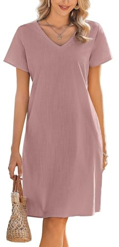 Zeagoo Femmes Robes D'été Robe en Lin Longueur Genou Manches Courtes Robes Col en V T-Shirt Robe Casual avec Poches en Lin Eté Robe A Ligne Chic et Elégante Plaine Rose L