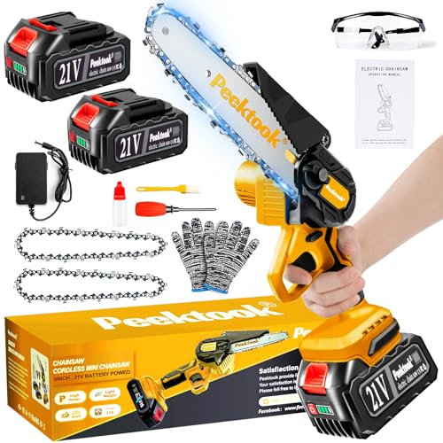 Mini tronçonneuse 6 pouces, tronçonneuse sans fil Peektook avec 2 batteries de grande capacité et 2 chaînes, tronçonneuse électrique à batterie légère, petite tronçonneuse (jaune 4000 + 4000 mAh)