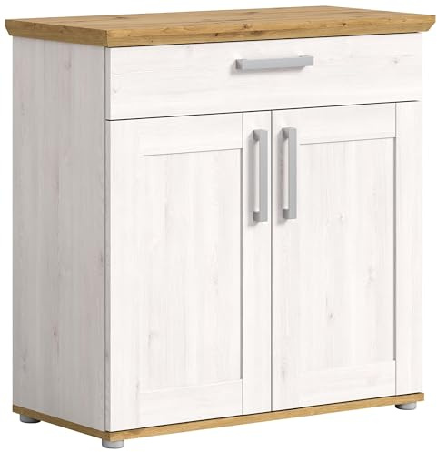 Newroom Schuhschrank Sibiu Lärche Schuhkommode Landhaus Flur Diele | Schublade oben und 2 Türen, Deckplatte Eiche, Bügelgriff, Schuhregal Schuhkipper, Stauraum für den Eingangsbereich