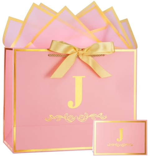 Geschenktüte mit Initiale zum Geburtstag mit Karte und Seidenpapier für Frauen/sie, 33 cm groß, Rosa-Gold, personalisierte Alphabet-Schleifentasche, Geburtstagsdekorationen für Frauen, Brautparty