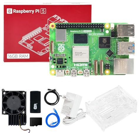 Yahboom Raspberry Pi 5 16GB + PD Power Adapter,Acrylic Case,Rradiator,616GB TF Card Cortex-A76 CPU Suitable for AI Artificial Intelligence Programming Python Ubuntu (16GB-Cooling Boost Kit)