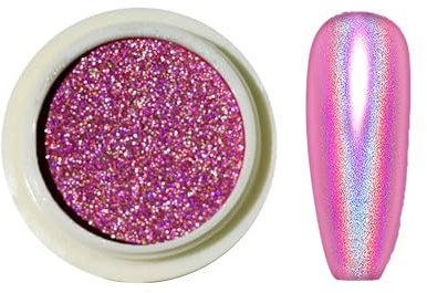 Pink Holographic Chrome Nail Powder Laser Rainbow Mirror Effect Pink Chrome Nail Powder, Holographic Powder for Nails, Gel Polish Chrome Powder for Nail Art Design Decoration