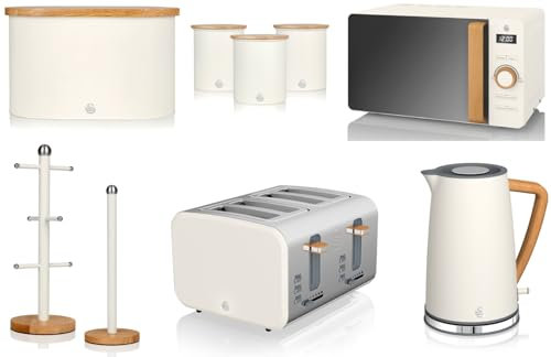 Swan Nordic White 1.7L Jug Kettle, 4 Slice Toaster, 800W 20L Microwave, Bread Bin, Canisters, Mug Tree & Towel Pole Set. Scandinavian Inspired Design Matching Kitchen Set of 9 in Cotton White