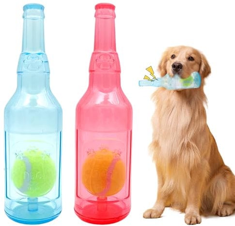 XPJBKC Ball in a Bottle Dog Toy, Interactive Dog Chew Toys with dog Tennis Balls, squeaky dog toys Indoor and Outdoor, Indestructible Bottle Puppy Toys for Small, Medium (Blue + Red)