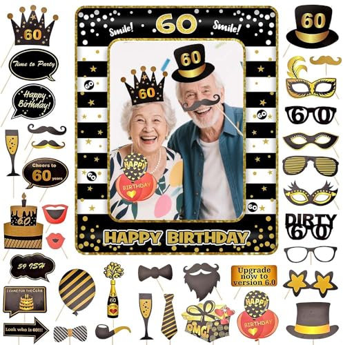 36 Stück Foto Requisiten Geburtstag,60.Geburtstag Deko Fotorequisiten,Fotobox Accessoires mit Aufblasbarer Rahmen,Fotorequisiten-set Geburtstag 60,Foto Requisiten für 60 Geburtstag Deko