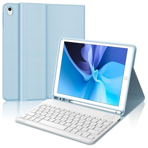 Coque Clavier pour iPad 9e/8e/7e Génération 10.2 Pouces, AZERTY Français Housse Clavier Bluetooth Détachable avec Porte Crayon pour iPad 2021/2020/2019 10.2/Air 3 2019/iPad Pro 10.5 2017, Bleu Ciel