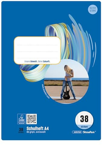Staufen Style Schulheft - 10 Hefte je 16 Blatt, DIN A4, Lineatur 38 (5 mm kariert mit Rand perforiert), 80 g/m² Papier