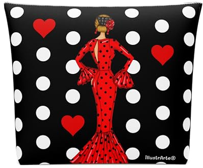 illustrArte Kulturbeutel Sevilla María Rojo Schwarz mit Punkten 25 x 26 cm | Großer Flamenco-Kulturbeutel 25 x 26 cm mit wasserabweisendem Material, für Kosmetik, Reise und Bad.