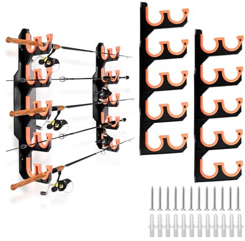 HuuppHip Fishing Rod Holders,Fishing Rod Stand,Holds 10 Rods Combos,Rod Holder Storage for Garage Home Organisation,Fishing Pole Accessories Organiser with Silicone Protection,Wall Ceiling Mount