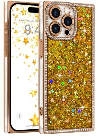 LAPOPNUT Glitter Phone Case for iPhone 13 Pro Max,TPU Bling Rhinestone,Gold | Sparkly Bling Sequin, Crystal Diamonds Camera Protection, Rasied Rectangle Protective Shockproof Cover,Cute for Women Girls