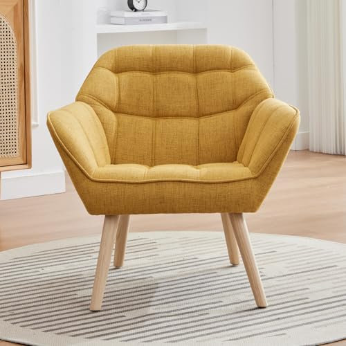 chairus Fauteuil Scandinave de Salon avec Pieds en Bois Chaise de Chambre Capitonné en Lin Fauteuil Relax Moderne, Jaune-1