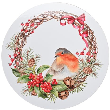 Widdop Set of 4 Robin Round Placemats – Circular Christmas Table Mats with Robin & Holly Design – Festive Country Dining Décor