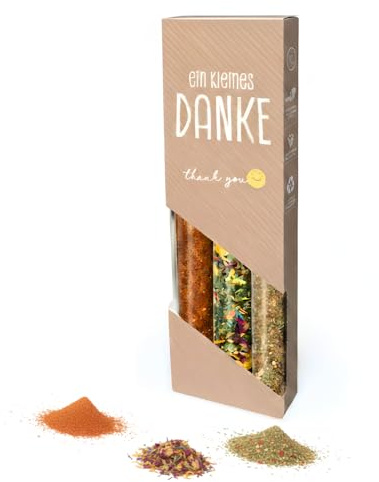 3er Gewürz Geschenkset Danke Geschenk mit Pommessalz Blütenmix & Grill Dip | Mit Pommes- & Kartoffelsalz, Blütenmischung und Grill-Dip-Gewürz - ideales Mitbringsel für Grillpartys, Freunde und Kollegen