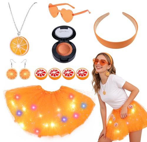Dongcill 10PCS Tüllrock Orange Damen,Karneval Kostüm mit LED Tüllrock Orange,Orangen Haarreif,Herz Brille,Ohrringe,Halskette,gestickter Aufnäher,Lidschatten,Kostüm Zubehör für karneval Fasching