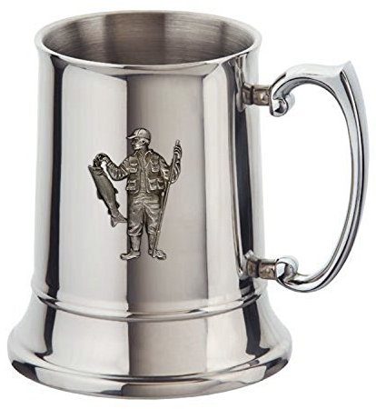 Bierkrug aus Edelstahl mit Fischer-Motiv