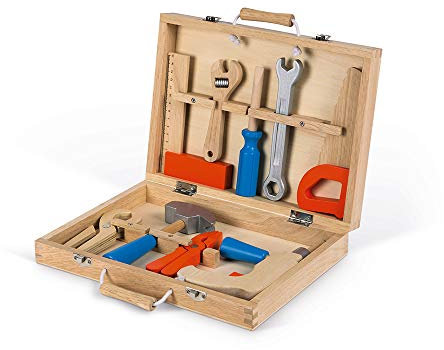 Janod - Brico'Kids Werkzeugkasten, Holz-Werkzeug für Kinder, Spielzeugnachbildung, mit 9 Teilen, ab 3 Jahren, J06481