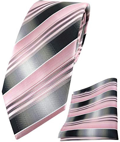 TigerTie Designer Krawatte Designer Einstecktuch in rosa hellrosa silber anthrazit grau gestreift - Krawattenbreite 8 cm