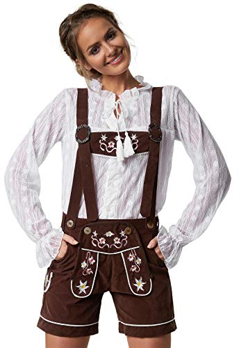 dressforfun 900801 Damen Lederhose mit Träger in klassischer Trachtenform, feine Blumenstickereien, braun - Diverse Größen - (S| Nr. 302805)