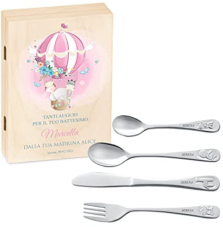 Maverton Set di 4 posate per bambini con incisione + scatola in legno con stampa personalizzata - motivo animali - idea regalo neonata femmina - mongolfiera