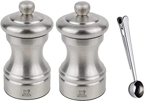 Peugeot Bistro Chef Manual Salt & Pepper Mill Gift Set Stainless Steel 10 cm - 4in - With Stainless Steel Spice Scoop/Bag Clip