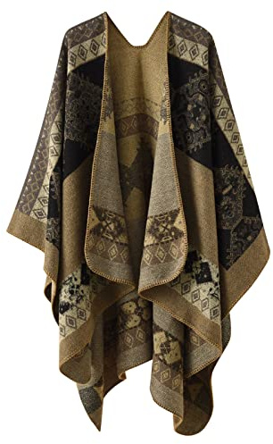 Sisifa Damen Boho Pullover Poncho Schal Wrap Cape Mantel Winter Herbst Vintage Print Stricken vorne offene Strickjacke Decke