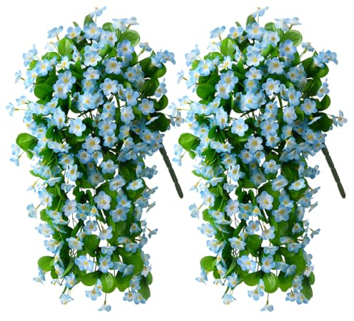 ZFProcess Künstliche hängende Blumen für den Außenbereich, Frühlingsdekoration, 2 Stück, Kunstseide, UV-beständig, echte Reben für draußen, Zuhause, Pflanzgefäß, Veranda, Terrasse, Blau