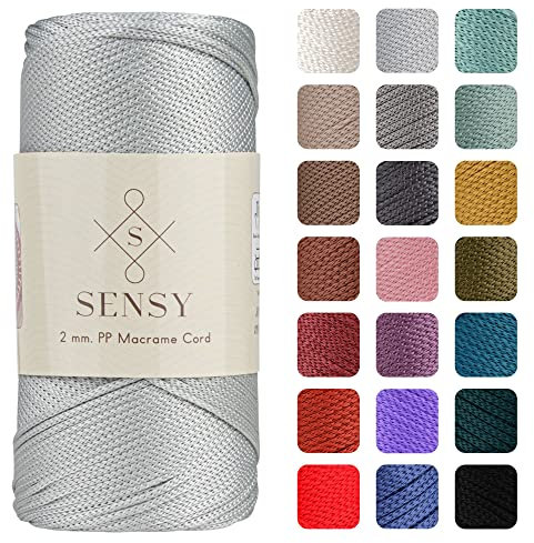 Sensy Premium 2 mm 230 Meter Polyester-Seil, 100% Polypropylen-Kordel Makramee-Kordel 2 mm Häkeltasche Kordel Makramee Seil Häkelgarn Geschenk für Strickwaren (Silver)