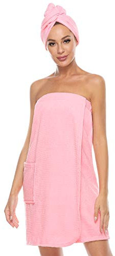 Vislivin Womens Wrap Towel Robe Spa Wraps & Hair Towel Bathrobe Wrap Adjustable Closure Pink XL