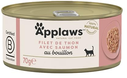 Applaws, latas de Comida húmeda Natural para Gatos, atún con salmón en Caldo, 24 x 70 g