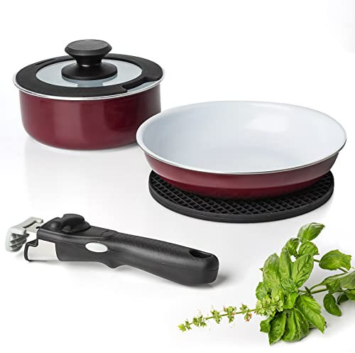 Moss & Stone Aluminium-Töpfe und -pfannen-Set, antihaftbeschichtet, abnehmbarer Griff, stapelbare Töpfe und Pfannen, spülmaschinenfest, Induktionstöpfe und Pfannen, Camping-Kochgeschirr-Set (5 Stück,