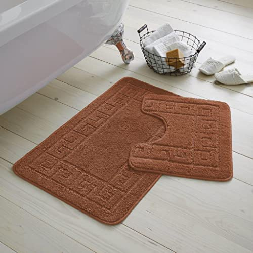 2 Pieces GREEK Bath Mat Rugs for Bathroom - Non Slip Anti Mould Bath Mat Set - Soft - Extra Water Absorbent Pedestal Ultra Plush Bathroom Mats Toilet Shower Set (Terracotta)