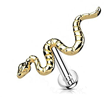Paula & Fritz® Push-In Labret Piercing Schlange Gold Titan-IUM Grade 23 Kugel Piercing Set Mehrfarbig 1-mm Stab-Dicke Madonna Medusa Monroe Snake