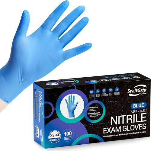 SwiftGrip Blue Nitrile Gloves, Medical Exam Disposable Rubber Gloves Latex Free & Powder Free for Cooking, Cleaning, Hair Dyeing, Salon, Tattoo (Box of 100, Medium)