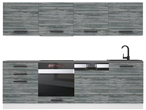 Belini Küchenzeile Küchenblock Alice - Küchenmöbel 240 cm Einbauküche Vollausstattung ohne Elektrogeräten mit Hängeschränke und Unterschränke, mit Arbeitsplatten, Glamour Wood