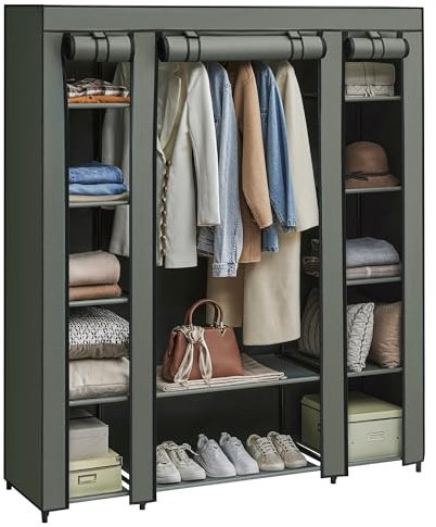 SONGMICS Kleiderschrank, Stoffschrank, mit Überzug aus Vliesstoff, Faltschrank mit Kleiderstange, 45 x 150 x 175 cm, 12 Ablagen, Metallrahmen, Schrank fürs Schlafzimmer, salbeigrün LSF003C02
