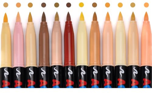 Lemito 12 Skin Tone Colors Acrylic Paint Pens, Water-Based Art Markers with Soft Tip Brush, Quicky Dry for Wood, Glass, Fabric, Rocks Painting, Illustration Sketching