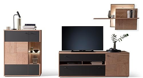 Lomadox Wohnwand Anbauwand Eiche Bianco teilmassiv 3-teilig Modern, 1 Highboard, 1 TV-Lowboard, 1 Wandboard