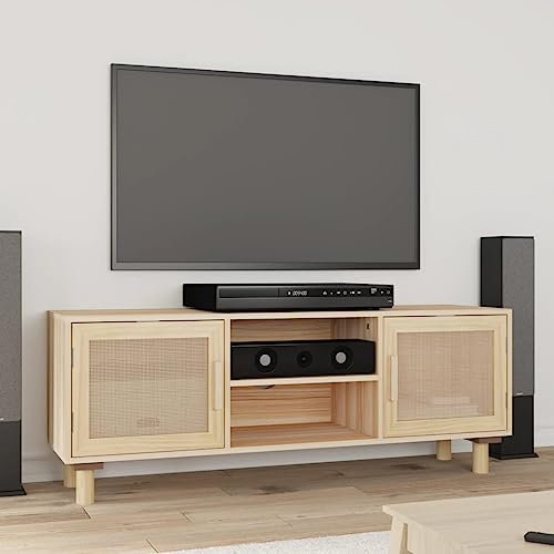 Homgoday TV-Schrank Fernsehschrank Fernsehtisch TV-Board TV-Regal für Fernseher für Wohnzimmer Schlafzimmer und Esszimmer Braun 105x30x40 cm Massivholz Kiefer Natur-Rattan