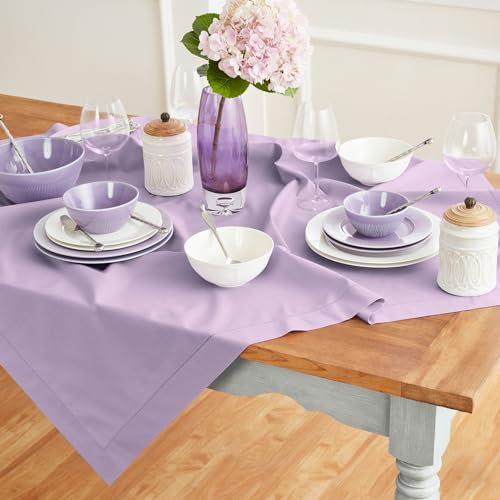 Solino Home Tischtuch, Motiv: Lavendel, 132 x 132 cm, Baumwolle, Leinen, Hohlsaum, quadratisch, maschinenwaschbar, Tischdecke für Valentinstag, Frühling, Ostern, drinnen, draußen, handgefertigt