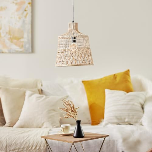 Lightbox Hängelampe im Boho Stil - 120 cm, Ø 37 cm - Nature Pendelleuchte mit geflochtenen Bambus Schirm & kürzbarem Kabel - E27, max. 25 W - aus Bambus/Metall - in Braun