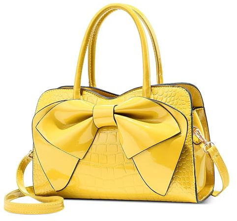 POSSOBAG Elegant Kleine Handtasche Damen Mode Henkeltasche mit Süße Bogen Tote Bag Umhängetasche für Shopper Casual Business Reise Täglich Urlaub Helle PU Leder Damen Schultertasche Gelb