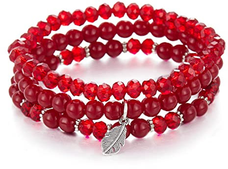 FULU AUTUMN Perlenarmband Stretch Damen Armband Mehrschichtiges Boho Modeschmuck für Mama Oma und Frau Geburtstagsgeschenk(Red)
