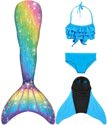 Pyjacos Meerjungfrauenflosse Mädchen Neuer Mermaid Tail, 4 Stück Set,xiaolanJCKA09+WJF46-130
