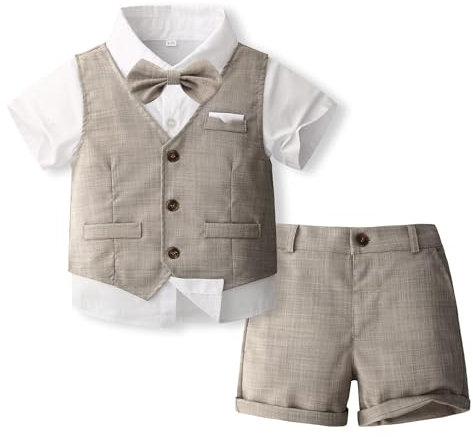Volunboy Baby Jungen Anzug, Sommer Anzugweste Hemd mit Fliege + Shorts für Festlich Hochzeit Bekleidung Set 4tlgs(12-18 Monate,Tiefes Khaki,Größe 80)