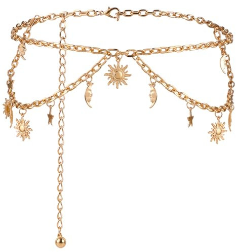 GEEHUA Doppellagiger Metallkettengürtel, Taillenkette mit Mond und Stern, modischer Gliedergürtel, schmaler Kleidergürtel, Taillenkettengürtel für Damen(Gold)