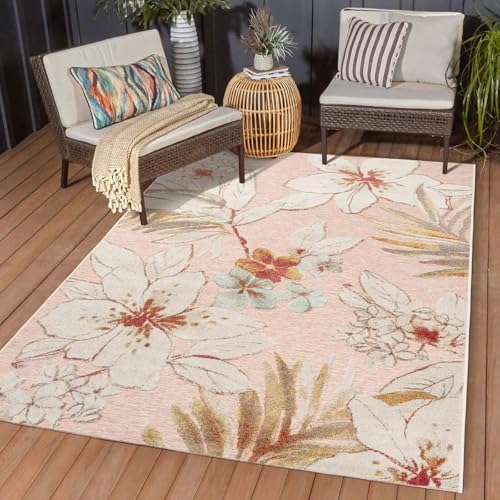 Taracarpet In & Outdoor Teppich Wetterfest Wohnzimmer Balkon Küchenteppich Terrassenteppich Flachgewebe mit Muster Lilien floral Rose rosa 160x230 cm