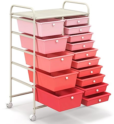 GYMAX Carrello Portaoggetti con 15 Cassetti Staccabilea, Carrellino Salvaspazio con Ruote, per Uffici, Parrucchieri, Studio, Soggiorno, 62,5 x 37 x 87 cm (ROSA SFUMATO)