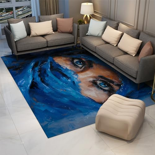 LANDERSION Dunkelblauer Rutschfester Teppich Blau Big Eyes Frau Wohnzimmer Sofa Bereich Teppich für Schlafzimmer Nachttisch Weicher bequemer maschinenwaschbarer Teppich 150x250cm